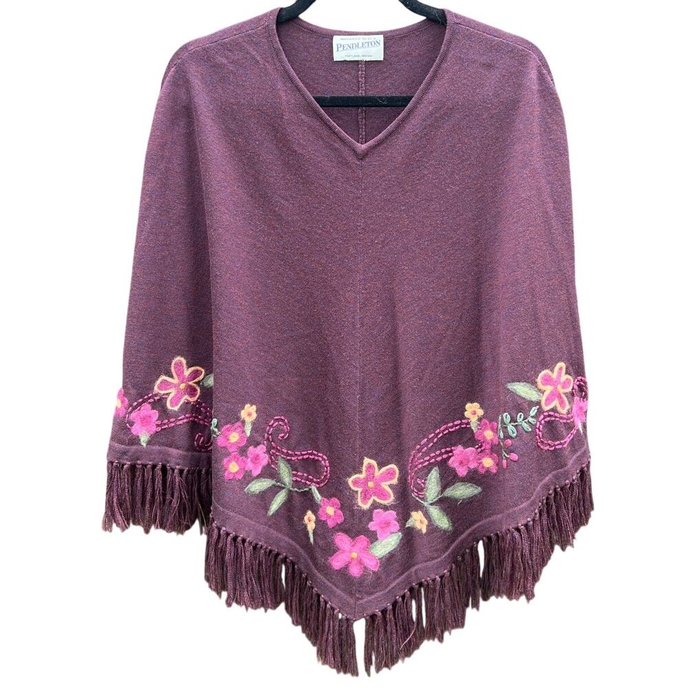 Pendleton Y2K Vintage Merino wool Floral embroidered fringe hem Poncho purple